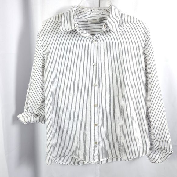 Chico's 1 Womens 8 White Gray Striped Roll-Tab Sleeve Button Down Shirt Blouse - Picture 1 of 6